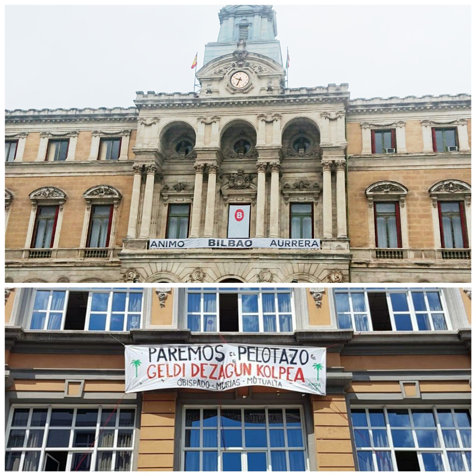 Pancarta en el edificio del ayuntamiento de Bilbao (arriba) y pancarta que no quieren que veas en la fachada de colegio Cervantes (abajo).