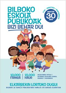 ¡Viva la escuela pública de Bilbao! En el pleno municipal del ayuntamiento de Bilbao. 17:00h30 mayo 2024. ¡Juntos lo conseguiremos! Asociaciones de familias de las 28 escuelas públicas de Bilbao.