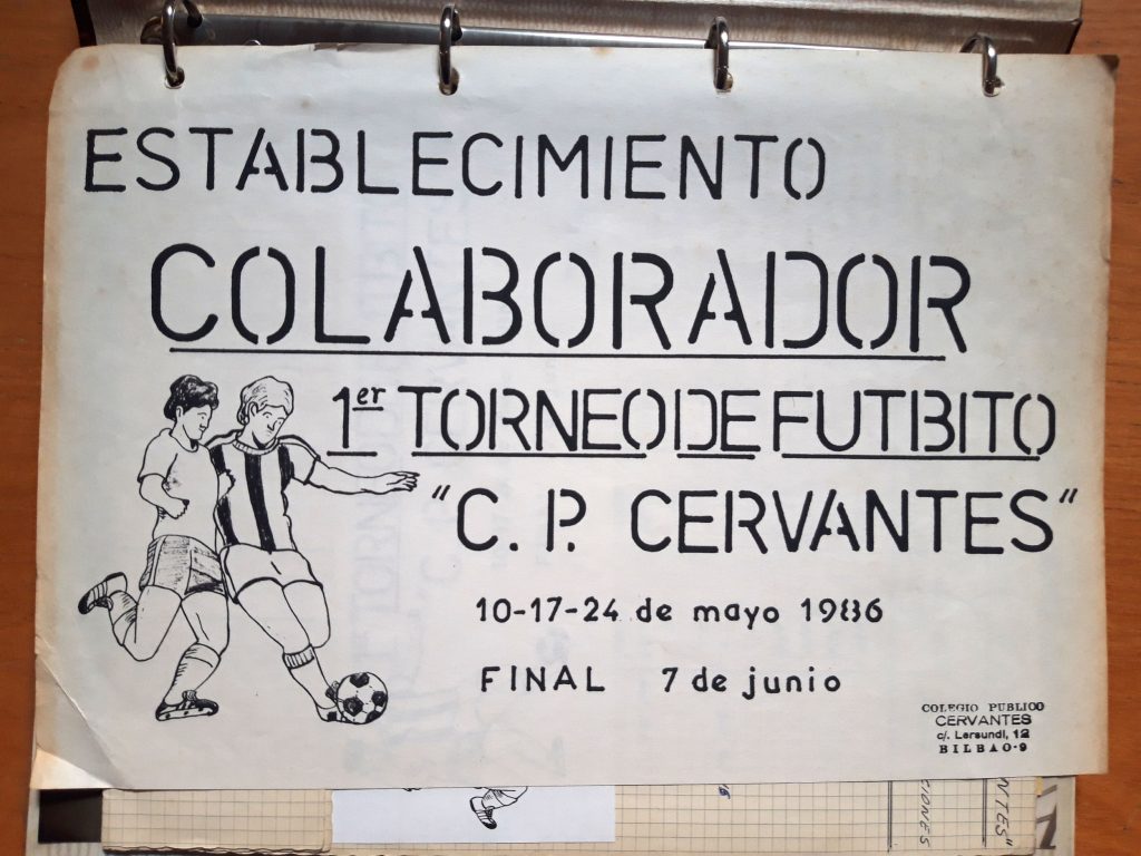 Ficha para esablecimiento colaborador del primer torneo de futbito. CEIP Cervantes. Bilbao. 1986